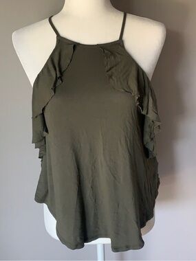 ❤️ Express Small Olive Green Ruffle Halter Women's Top Blouse Shirt (B2)